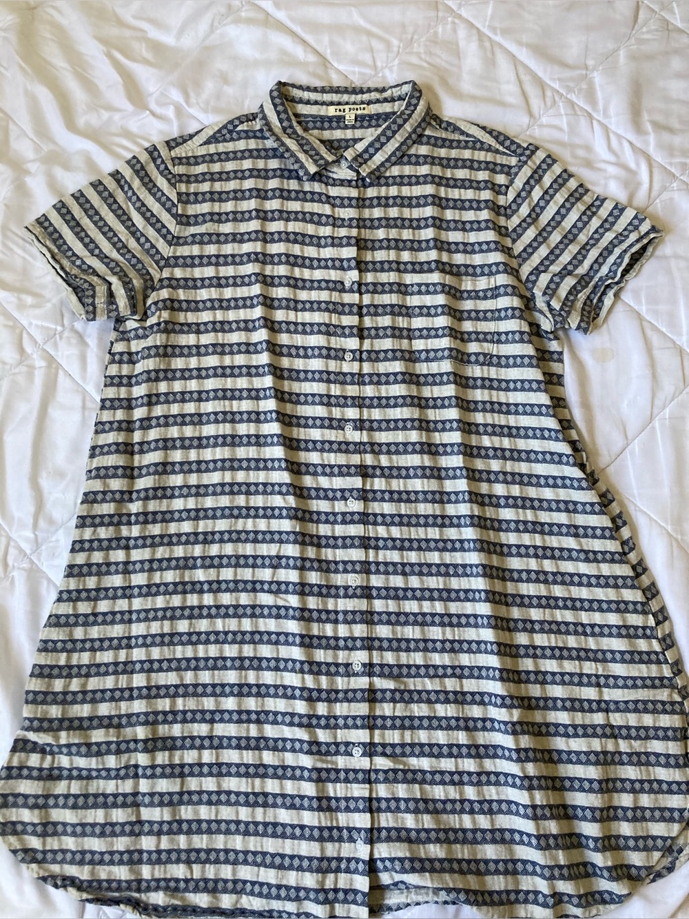 Rag Poets Women’s L Navy Cream Geometric Stripe Button Down Shirt Short Sleeve